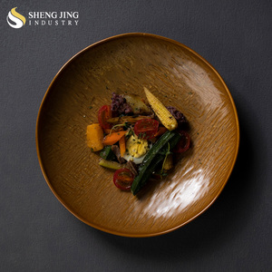 Village Rustic <strong>Wood</strong> Appearance Design 7" 9" 11" Round Ceramic Gold Galzed Deep Dish Dinner <strong>Plate</strong> - Product Image 4