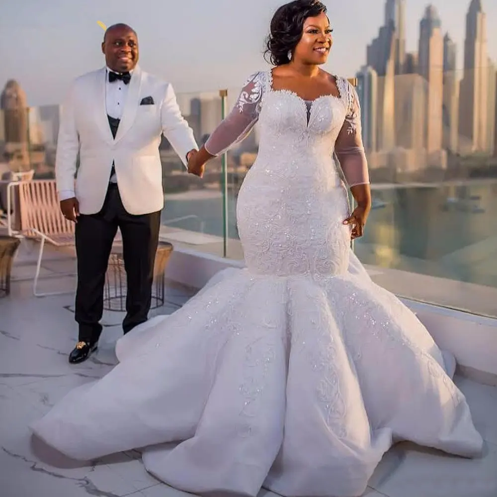 2022 लंबी आस्तीन मरमेड शादी की पोशाक अफ्रीका चमक सेक्विन मोती फीता पिपली ब्राइडल गाउन प्लस आकार वेडिंग गाउन