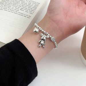 Pulsera de Plata de Ley S925 con Cuentas Redondas y Dije de Oso para Mujer, Estilo Simple, Joyería con Cuerda Elástica para Uso Diario - Product Image 4