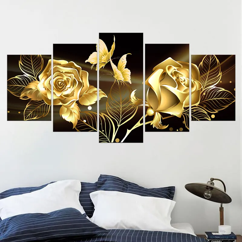 Rose flower painting 5 Panel Golden Ratio Wall Art plant picture print canvas and poster for living room bed room and home decor