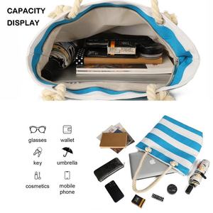 กระเป๋าผ้าแคนวาสสีธรรมชาติพร้อมหูหิ้วเชือกกระเป๋าชายหาดลายทางปรับแต่งโลโก้ได้ - Product Image 3