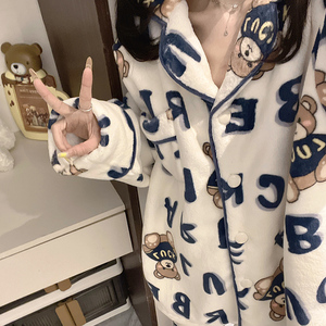 Ensembles de vêtements de nuit flanelle automne et hiver corail polaire pyjamas femmes à manches longues dessin animé imprimé Cardigan pyjamas ensemble - Product Image 2
