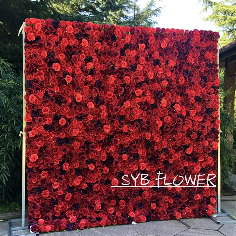 Paneles de pared de flores artificiales de seda, SYB-149, 8 pies x 8 pies, rosa, tela enrollada, cortina, Fondo de pared, rosa roja