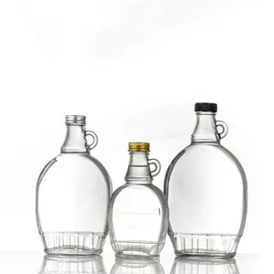 Food Grade Clear 150Ml 250Ml 375Ml 500Ml Platte Vorm Whisky Honing Ahornsiroop Glazen Fles Met Klein Handvat Groothandel