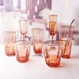 Vaso Hexagonal <span class=keywords><strong>de</strong></span> Vidrio Ámbar con Borde Dorado, Nuevo Diseño Solhui <span class=keywords><strong>2021</strong></span> - Product Image 2