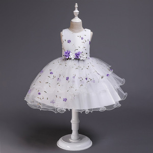 Vestido de niña de las flores de tul bordado blanco, corte A, cuello redondo, estilo princesa para niños - Product Image 3