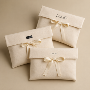 Beige Recyclable Cotton Flap Pouch Envelope Style Storage Bag with Embossed Fabric Organizer Drawstring Closure and Custom Logo - Product Image 1