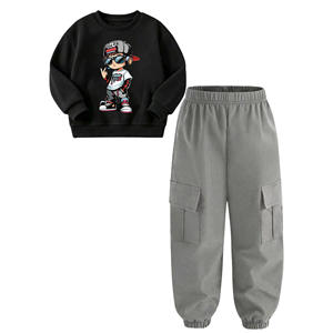 Set di Moda per Bambini 2 Pezzi: Felpa Nera con Stampa e Pantaloni Jogger Grigi con Polsini, Outfit Casual Quotidiano per Bambini, Personalizzabile ODM OEM - Product Image 4