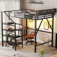 Metal Çerçeveli Katlanabilir Çalışma Masası, Şarj İstasyonu, Işık Şeridi ve Merdivenli Depolama Alanına Sahip Tam Boy Modern Yurt Yatağı (Yatak Odası Kullanımı İçin)