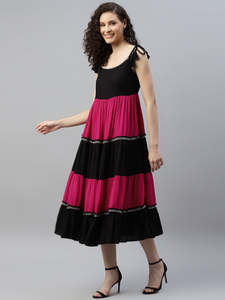 Women's Solid Woven Rayon Tiered Midi <b>Dress</b> Natural Waist U Neck Sleeveless Summer Wear One Piece Casual Party Western - Product Image 6
