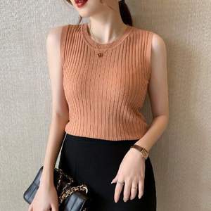 Nouveauté été, mode féminine, gilets, hauts, col rond, chemisier en tricot, débardeur uni, blusas, sans manches, décontracté, hauts fins - Product Image 5