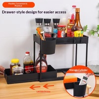 Organisateur de rangement coulissant sous évier avec couvercle et crochets latéraux, chariot de cuisine extractible avec plateaux divisés