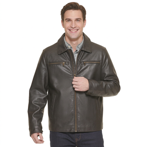 Veste en cuir véritable noire pour homme, col rabattu, fermeture éclair, vêtement d'extérieur décontracté pour l'automne, coupe classique - Product Image 2