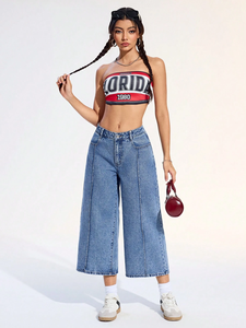 Jeans en denim pour femmes, taille haute, décontractés, personnalisés, <span class=keywords><strong>pantalon</strong></span> large, jambe large - Product Image 3