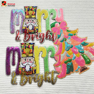 2025 Novo Personalizado Feliz Natal Glitter Grande Lantejoula Colorida Bordado Carta Ferro em Patches para Roupas - Product Image 1