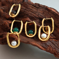 Boucles d'oreilles créoles tendance en acier inoxydable plaqué or 18 carats PVD pour femme, avec pierre naturelle verte café et perle, forme U
