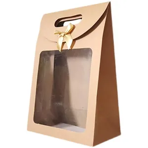 Sac cadeau en papier Kraft à fenêtre, fourre-tout à clapet, emballage d'anniversaire, boîte d'emballage de bonbons, sac cadeau à nœud