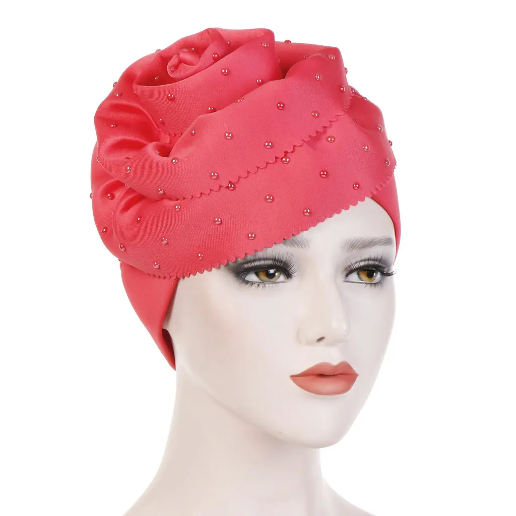 Newest semi-circular oversized flower flanging air ply pink solid color elegant women turban hat bandanas