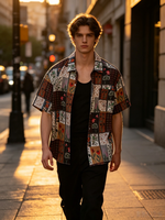 Chemise Homme Vintage Florale 100% Coton, Patchwork Bohème, Manches Courtes Boutonnées, Coupe Décontractée, Décontractée, Respirante, Idéale Été, Vente en Gros
