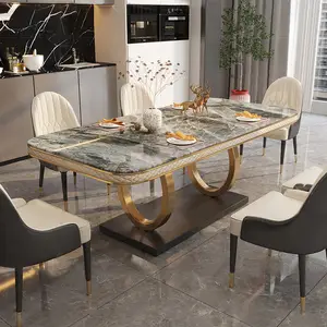 Ensemble de table à manger en marbre unique pour salle à manger, haut de gamme, en acier inoxydable, luxe, moderne, vente chaude, 8 places