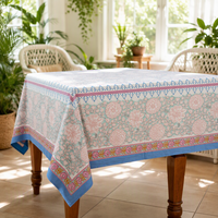 Nappe de table rectangulaire en pur coton, style bohème, imprimé botanique bleu doux, avec bordure florale décorative