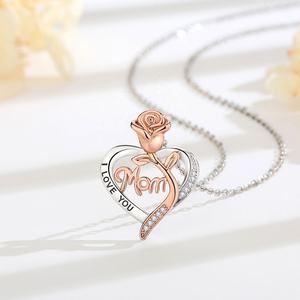 Joyería al por Mayor para el Día de la Madre, Collar con Colgante de Corazón de Flor de Rosa en Cobre Rodio, Grabado con la Frase "TE AMO MAMÁ" para Mujer - Product Image 4