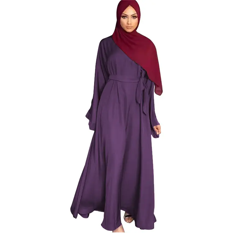 2024 Plain color simple classic style free size with belt back zipper muslim female eid new abaya design