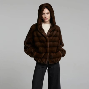 Manteau coupe-vent en vison acajou pour femmes avec capuche longueur régulière à capuche vison boléro manteau de <span class=keywords><strong>fourrure</strong></span> manches lanterne - Product Image 1