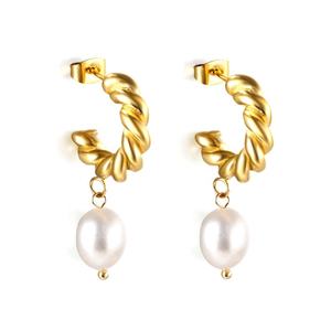 <b>Fashion</b> Jewelry 18k Gold Plated Stainless Steel Drop Pearl Dangle C Shape Twist Gold Plated Stud <b>Hoop</b> <b>Earrings</b> for Women - Product Image 1