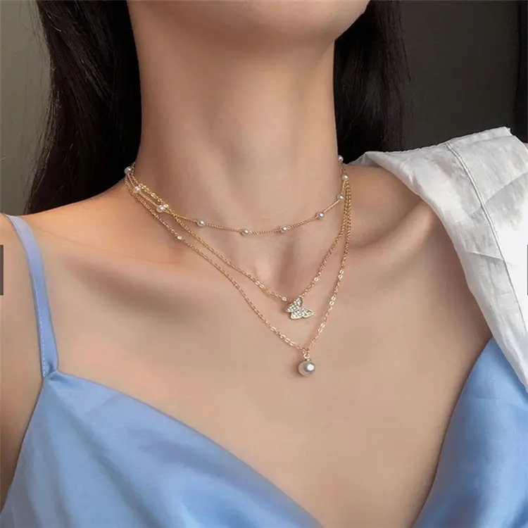 Fashion Clavicle Chain Retro Double Layer Pearl Necklaces Pendants Gold Plated Necklace Jewelry