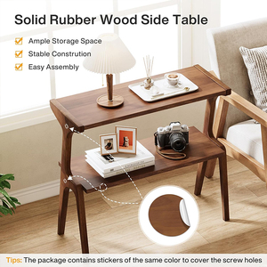 Modern Rubber Wood 2-Tier <strong>Side</strong> <strong>Table</strong> <strong>Narrow</strong> End <strong>Table</strong> Sofa <strong>Side</strong> <strong>Table</strong> for Living Room &amp; Bedroom Nightstand with Storage Shelf - Product Image 2