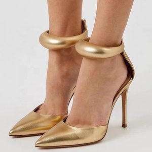 Women's Gold Ankle Strap Sandals Sexy Prom Party Dress <b>Shoes</b> Thin High-Heel Simple Pointed Toe Back Zipper Stiletto - Product Image 1