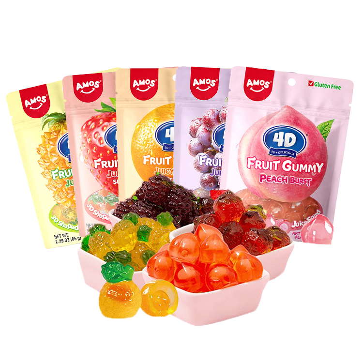 Amos Vente en gros Marque privée Halal 4D personnalisée Fabricants de vrais bonbons au jus et de bonbons gommeux