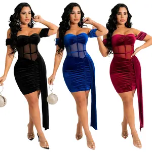 2022 Brand new Party New women's high elastic velvet wrap chest slim fitting sexy desi girl sexy dress sexy open dress