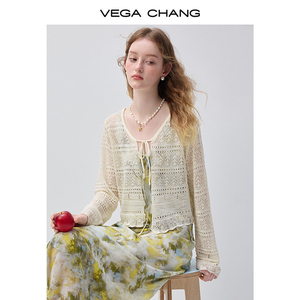 <span class=keywords><strong>Cardigan</strong></span> in maglia traforata bianco crema VEGA CHANG da donna con laccio frontale, maniche lunghe e vestibilità corta, casual, stile boho, estivo, per layering - Product Image 2