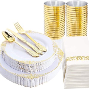 Ensemble de vaisselle jetable de luxe en gros, <span class=keywords><strong>assiettes</strong></span> à bord gaufré dragon 3D, gobelets dorés, fourchettes, couteaux, cuillères, serviettes Airlaid non toxiques - Product Image 5