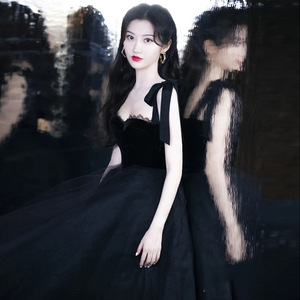 European And American Style Women's Black Velvet Halter Evening Dress Ball Gown One Shoulder Mid Length Graduation Party Dress - Product Image 4
