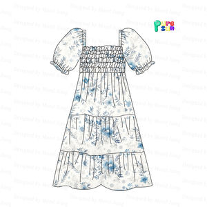 Set di abiti Casual Puresun per la famiglia mamma <span class=keywords><strong>e</strong></span> Me Design floreale plissettato con maniche a sbuffo vestito abbinato per bambini <span class=keywords><strong>e</strong></span> bambine - Product Image 1
