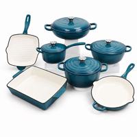 Joho – Ensemble de 11 pièces de luxe en fonte émaillée cyan, comprenant un faitout et une poêle multifonctionnelles, pour la restauration professionnelle (vente en gros)