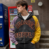 Sweat à capuche zippé personnalisé en molleton bouclette 500 GSM pour homme, 100 % coton, color block, délavé à l'acide, effet vieilli, appliqué, sérigraphie, coupe carrée courte, OEM