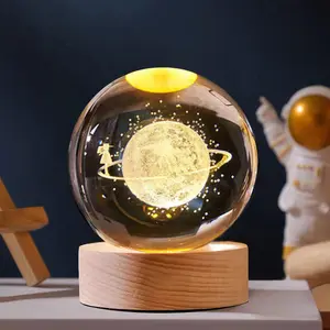 Biumart Crystal Ball With Wood Stand Laser Engraved 6cm Glass Led Crystal Ball Souvenir Gifts Home Decor Star Moon Night Light