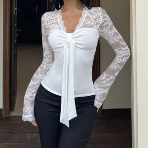 T-shirt à manches longues pour femme, dentelle patchwork, nœud papillon, coupe ajustée sexy, chemisier en dentelle transparente, style élégant, décontracté, haut de rue - Product Image 6