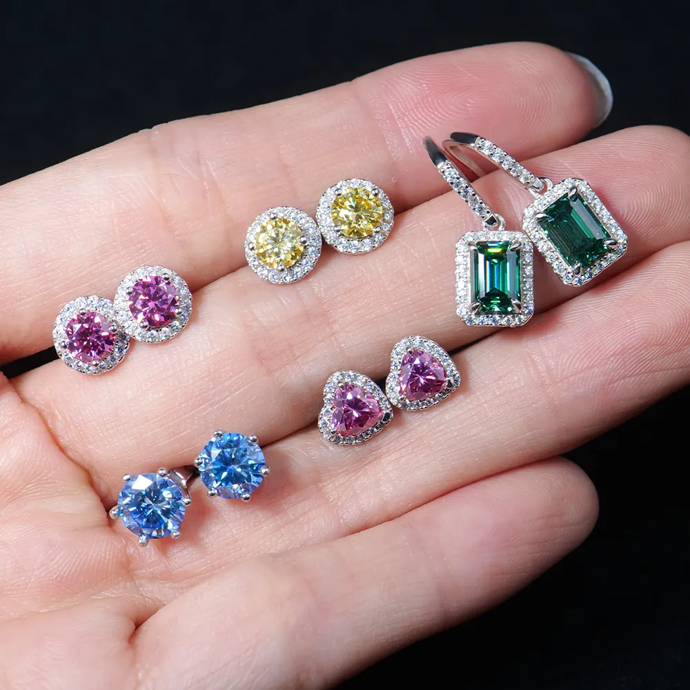 Bijoux personnalisés de créateur boucles d'oreilles en argent sterling 925 à vis multicolore bleu vert rose gra vvs diamant moissanite