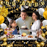 Décorations d'anniversaire en or noir pour hommes et femmes |   Bannière Joyeux Anniversaire, Toile de Fond, Nappe, Rideaux Métalliques, Arche de Ballons pour Lui