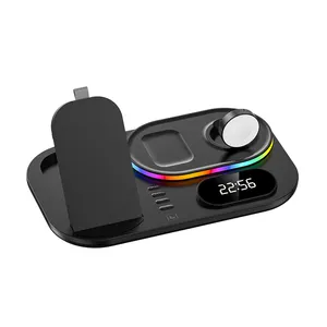 5 in 1 wireless charging stand with alarm clock time display 15W wireless charger for smart watch cellphone earphone