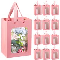 Sac en papier rose élégant avec fenêtre transparente et poignée en ruban pour fournitures de fleuristes, bouquets, emballage décoratif de haute qualité