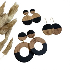 <b>Wooden</b> Hoop Earrings Set Heart <b>Circle</b> Handmade Oval Rectangle Shape White Brown Bohemia Style Gold Plated Women's Jewelry - Product Image 4