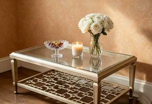 Table basse rectangulaire moderne en verre doré champagne avec étagère en treillis pour salon - Product Image 4