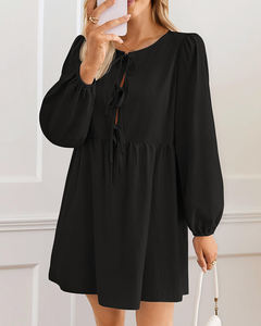 Vestido de Damas jóvenes <span class=keywords><strong>para</strong></span> el verano Color deslizado O-cuello Manga larga Vestidos acampanados con pajarita y botón oculto - Product Image 5