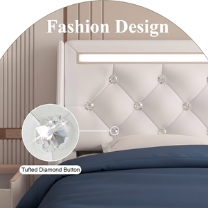 <b>Queen</b> <b>Size</b> Storage <b>Bed</b> Frame LED Lights Charging Station Modern Upholstered Platform <b>Bed</b> Diamond Headboard for Apartment Use - Product Image 3